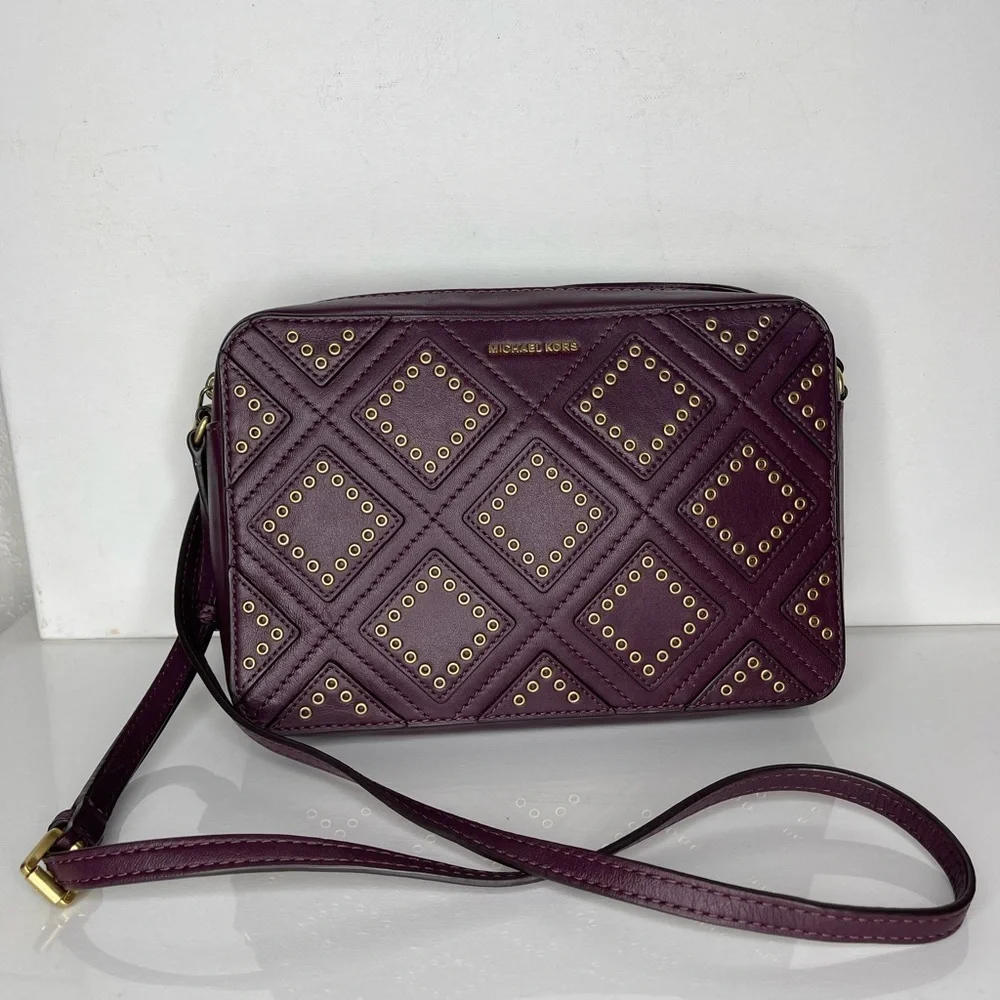 Michael Kors Studded Leather Crossbody Bag Plum Burgundy Gold Tone